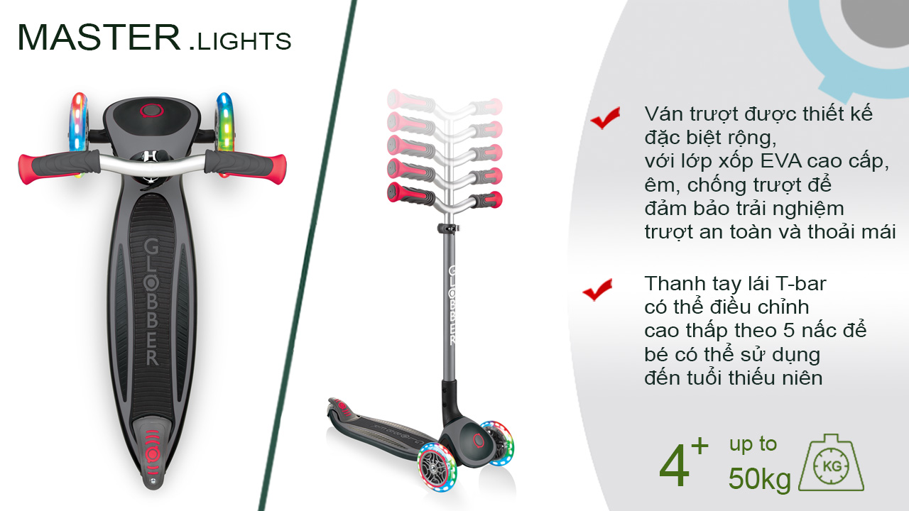 Xe Trượt Scooter 3 Bánh GLOBBER MASTER LIGHTS Cho Trẻ Em Từ 4 Đến 14 Tuổi - Đen/Đỏ