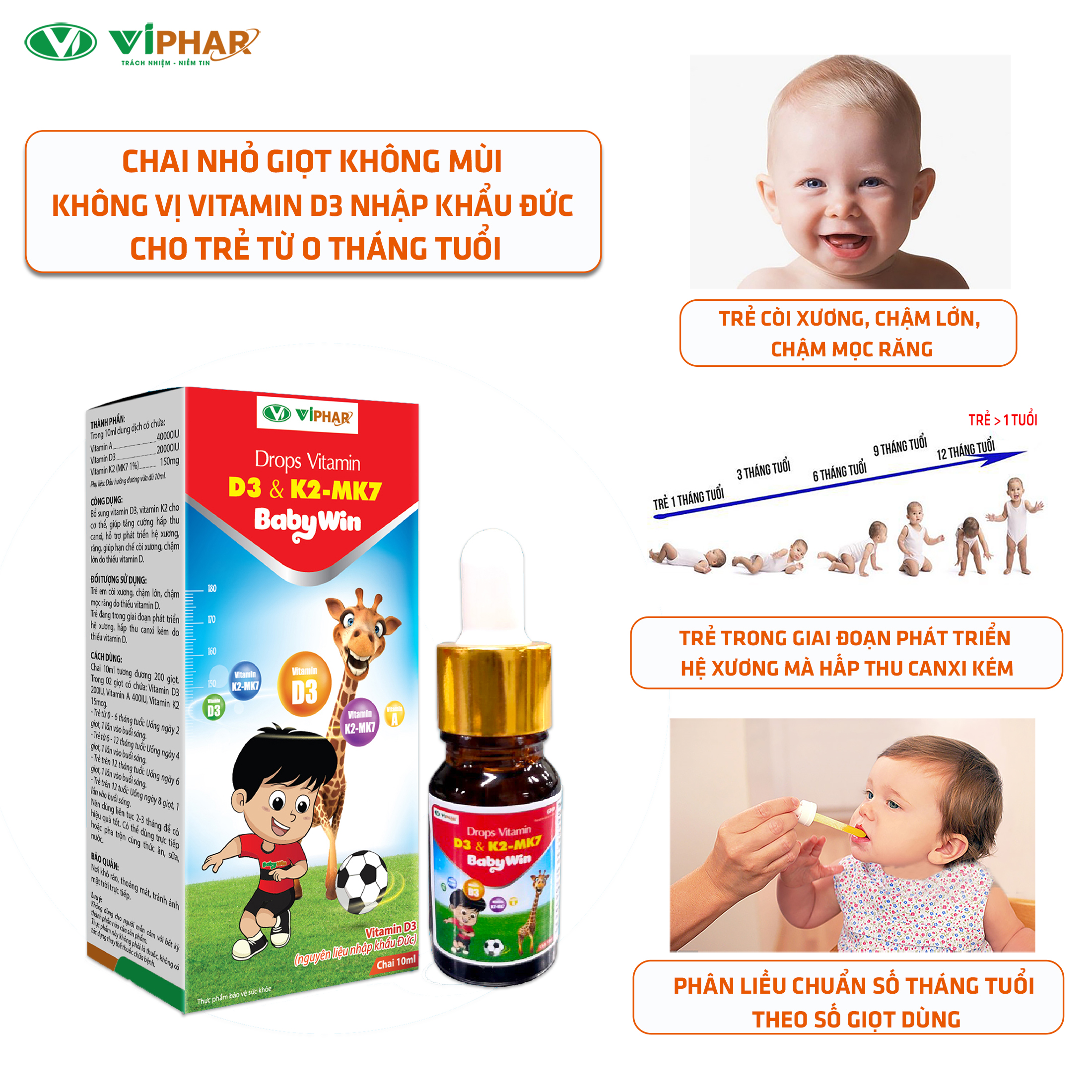 Chai Nhỏ Giọt Vitamin D3 Giúp Hấp Thu Canxi Tối Đa Cho Bé Từ 0 Tháng Tuổi Drops Vitmin D3&K2-Mk7 Babywin VIPHAR Chai 10Ml 200 Giọt