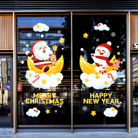 Decal trang trí Noel - Người tuyết và ông già Noel cưỡi mây