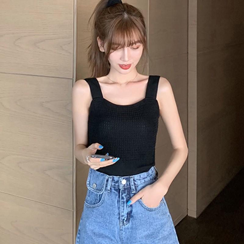Áo Croptop Dệt Kim Sát Nách Cổ Vuông Màu Trơn Xinh Xắn Cho Nữ
