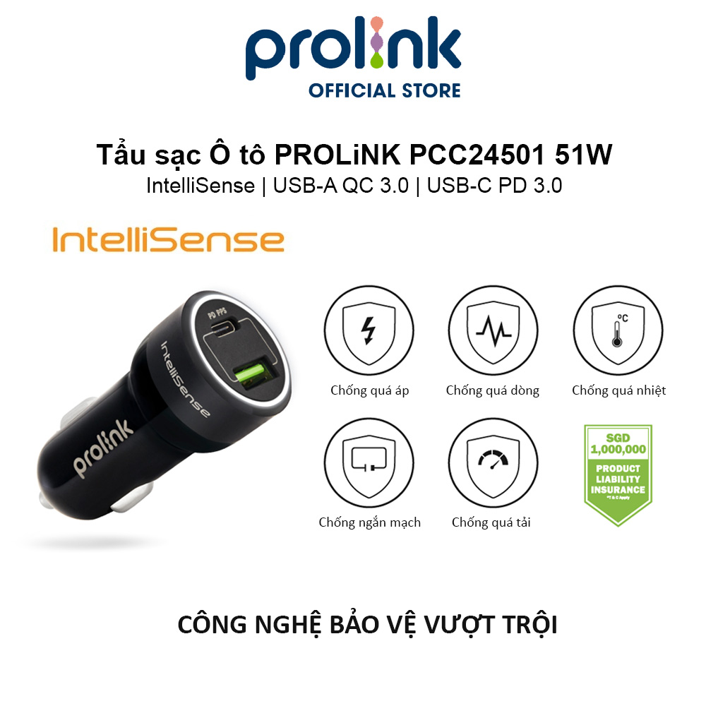 Tẩu sạc Ô tô PROLiNK PCC24501 51W 2 cổng USB-A QC 3.0 &amp; USB-C PD 3.0 IntelliSense, sạc nhanh cho thiết bị di động - Hàng chính hãng