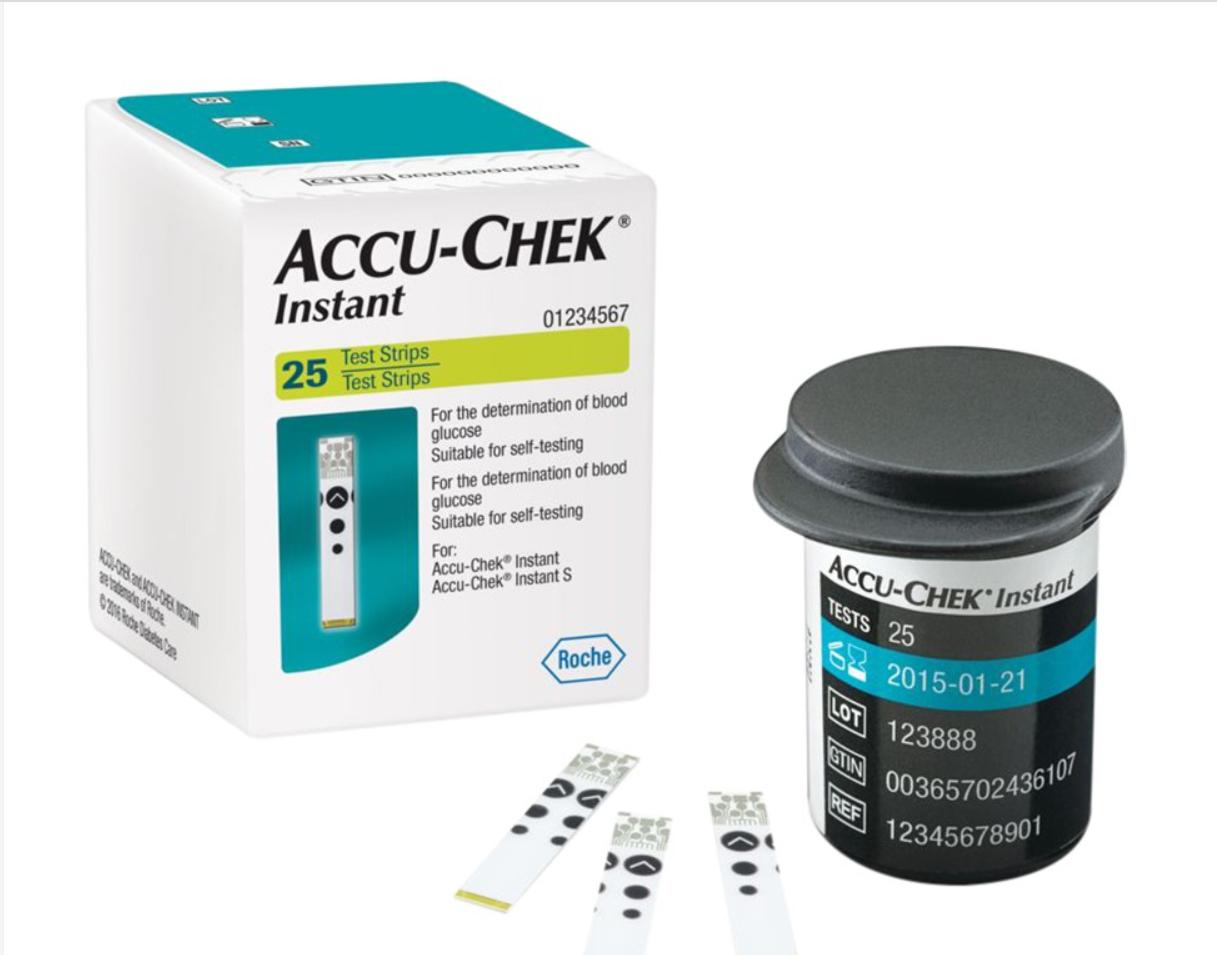 Hộp 25 que thử đường huyết Accu-Chek Instant, date dài, NK chính ngạch, tem niêm phong, nhãn phụ