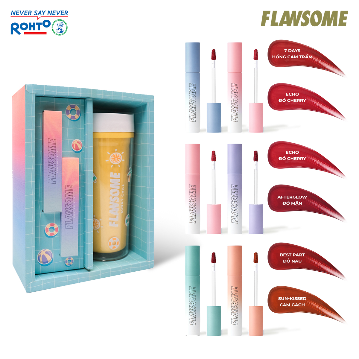 Set son trang điểm kem lì siêu mịn Flawsome Sunny Matte Tint (3g x 2) + Tặng Bình nước giữ nhiệt Flawsome