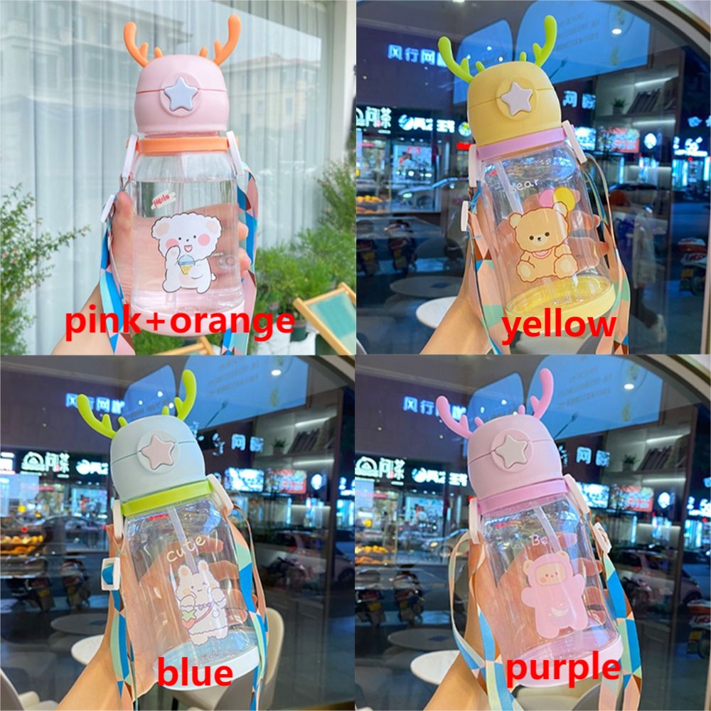 Bình nước sừng hươu nhựa PP có ống hút, dây đeo hoạt hình dễ thương dung tích 600ml KHN022