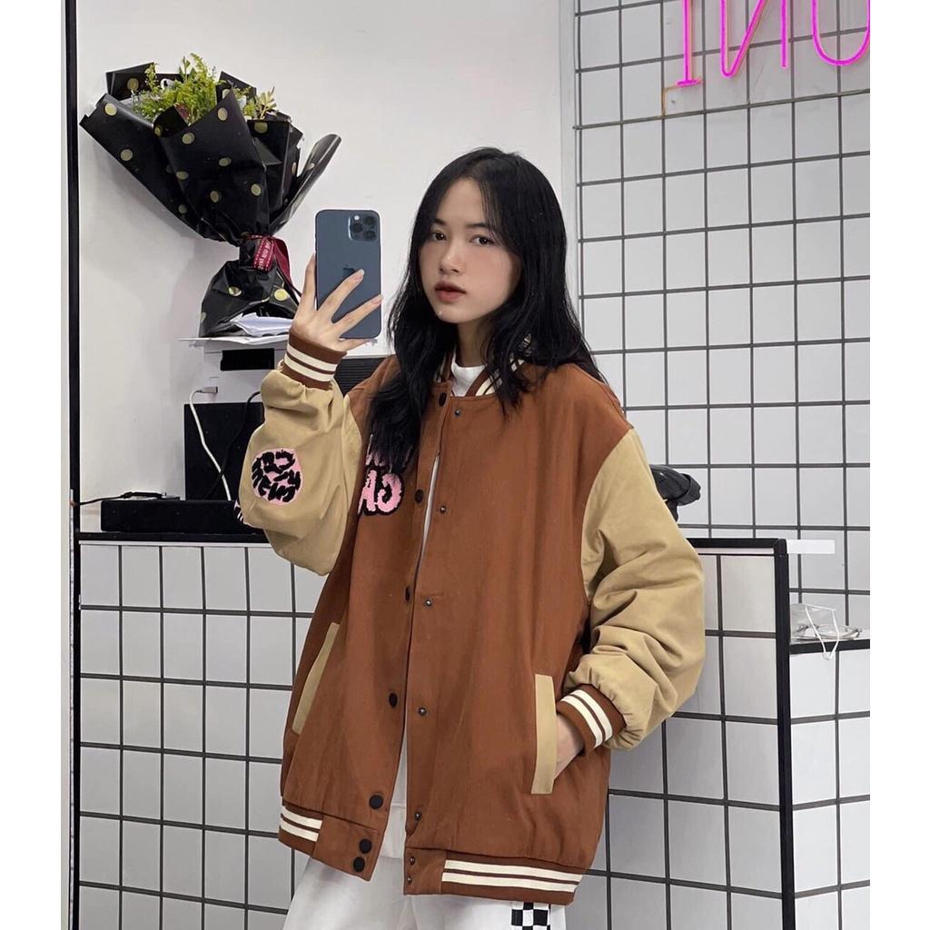 Áo Khoác Bomber Varsity Nữ - Jacket Nỉ Dáng Rộng Unisex Tay Bồng Màu Nâu Tây Phong Cách Hàn Quốc