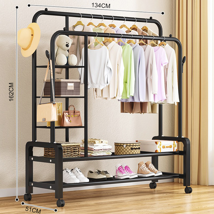 Giá Treo Quần Áo Thép Carbon Kèm Các Khung Đựng Đồ Có Bánh Xe Di Chuyển Thuận Tiện