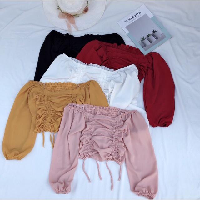 ÁO NỮ CROPTOP LỤA RÚT DÂY TRƯỚC NGỰC TAY DÀI (DƯỚI 50KG MẶC VỪA)
