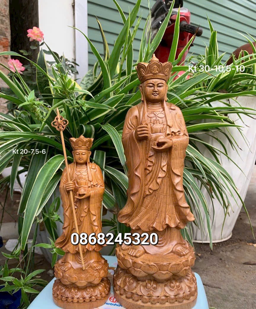 Tượng phật địa tạng vương bồ tát bằng gỗ bách xanh thơm phức kt cao 30×10.5×10cm