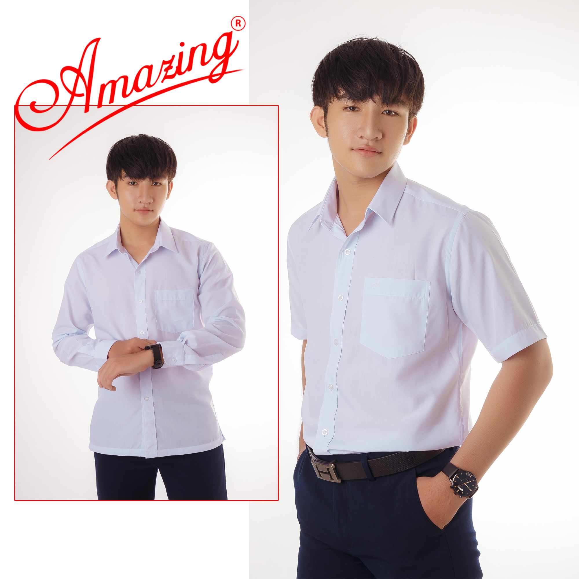 Áo sơ mi nam vạt ngang Amazing màu trắng, đồng phục học sinh các cấp, vải KT silk mềm mát, form slim fit, thân áo gọn đẹp, size từ 40 đến 100kg