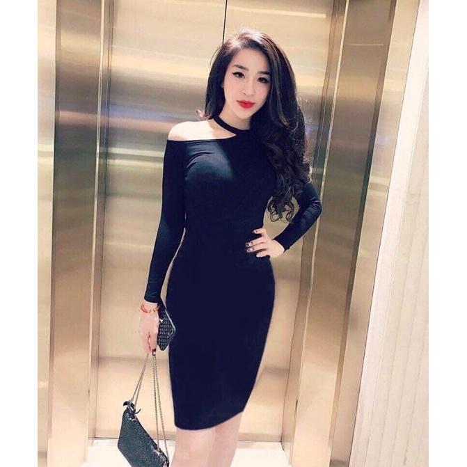 F368 Đầm ôm body khoét trễ 1 bên vai tay dài