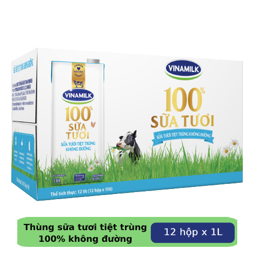 Thùng 12 Hộp Sữa Tươi Tiệt Trùng Vinamilk 100% Không Đường (1L)