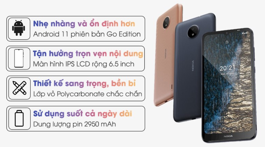 Điện Thoại Nokia C20 2GB/16GB - Hàng Chính Hãng