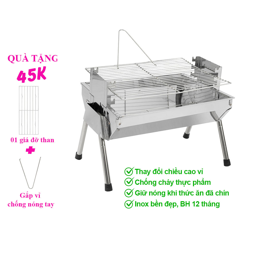 Bếp nướng than hoa VCS thay đổi chiều cao vỉ, Inox không gỉ sét, chống cháy thực phẩm, an toàn sức khỏe, không cần quạt, bếp nướng không khói, bếp nướng ngoài trời, bếp nướng than hoa vuông