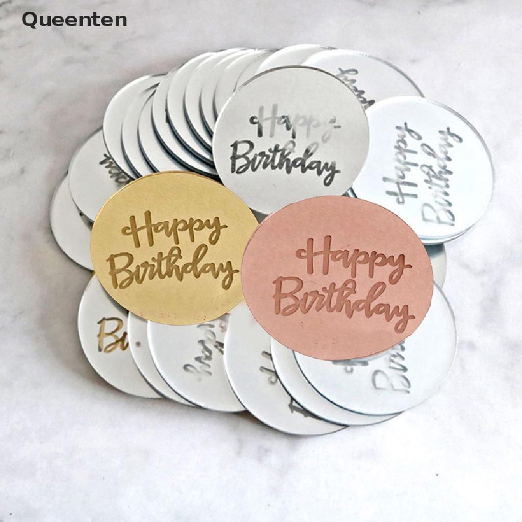 Queenten 10pcs Happy Birthday Cupcake Topper Acrylic Rose Gold Circle Cake Topper QT