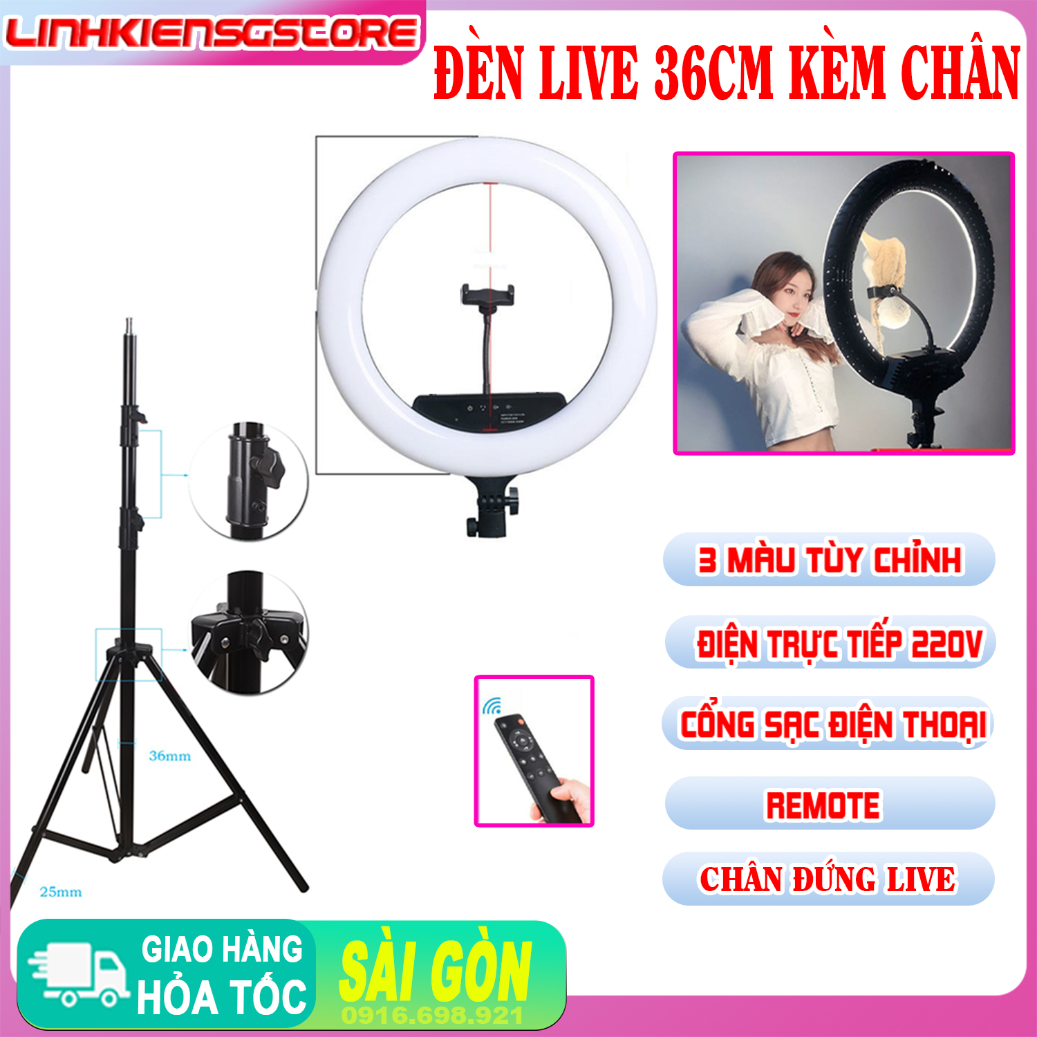 Đèn Live 36CM KT full bộ kèm chân đèn livestream nhiều máy make up spa trang điểm