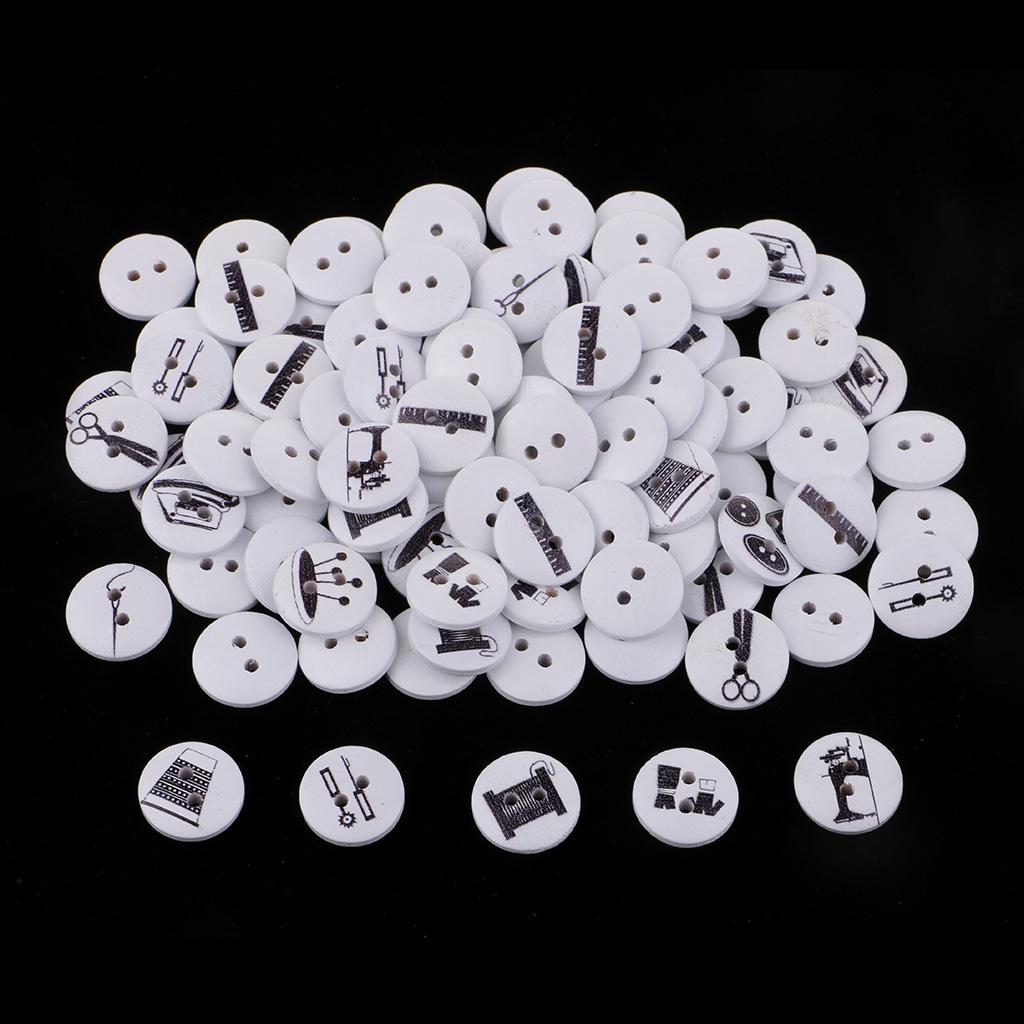 DIY 100Pcs 15mm Round Wood Button 2 Holes Mixed Pattern Sewing Accessories Craft Decoration