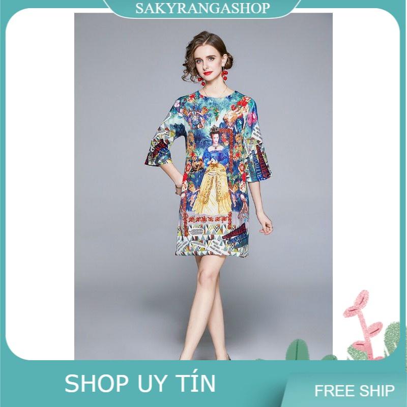 HÀNG NHẬP - ĐẦM SUÔNG LỤA HOẠ TIẾT NỮ HOÀNG