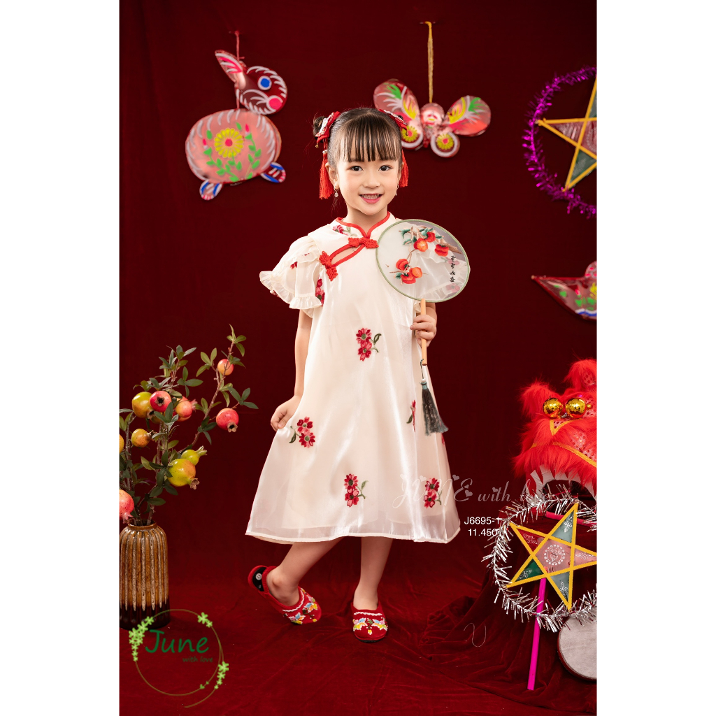 Đầm sườn xám đẹp cho bé gái mặc lễ tết trung thu tone đỏ size 12-40kg hàng thiết kế cao cấp