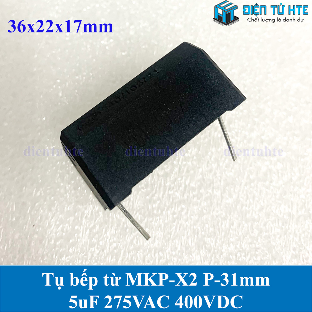 Tụ bếp từ MKP-X2 5uF 275VAC 400DC pitch 31mm Đen size 36x22x17mm