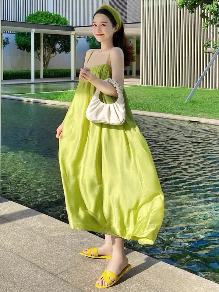 Đầm maxi 2 dây dáng dài rộng chun ngưc, váy 2 dây đi biển bầu bí xinh xắn