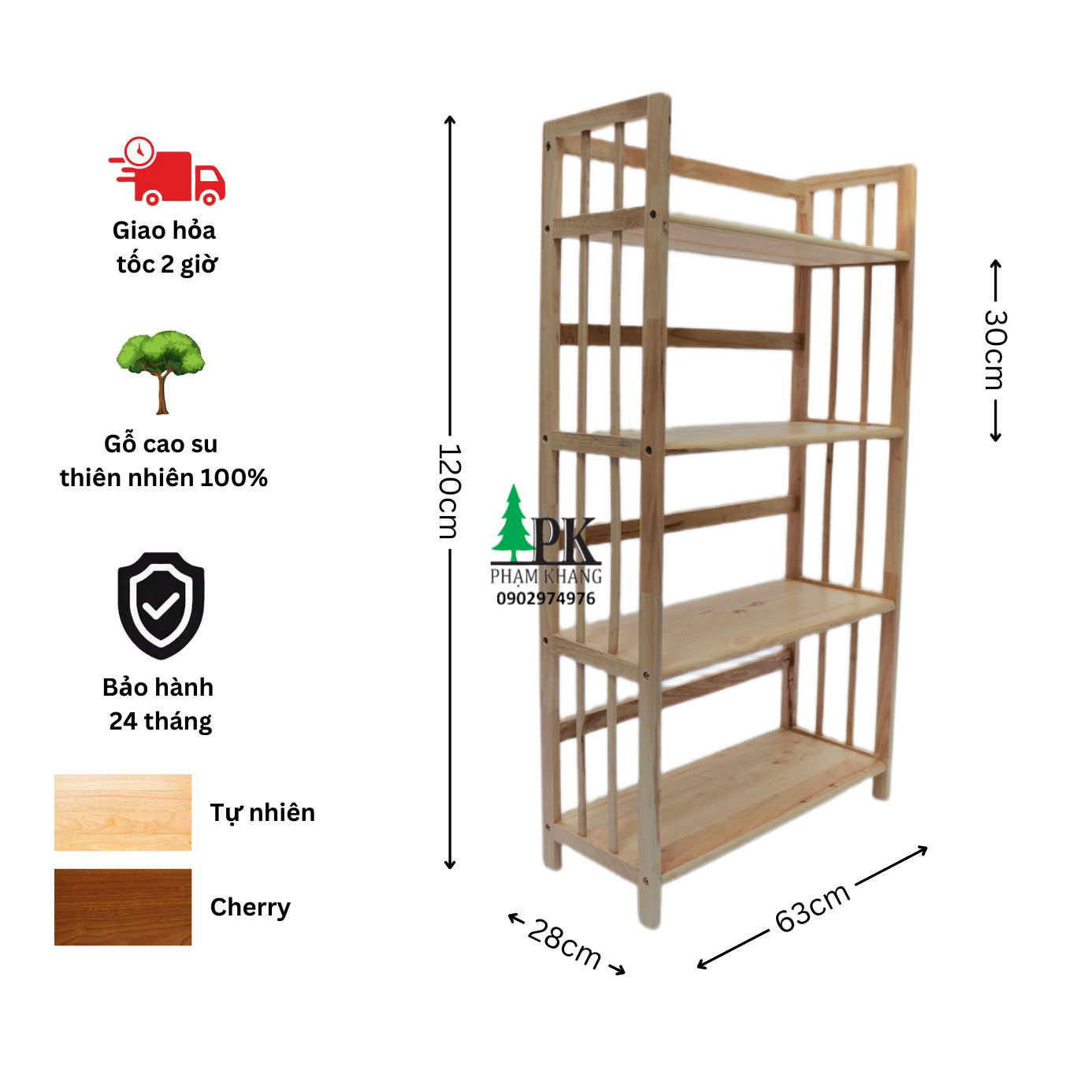 Kệ sách gỗ 4 tầng Phạm Khang - Gỗ cao su tự nhiên màu Gỗ Tự Nhiên/ Vàng Cherry - Kích thước rộng 64 cm