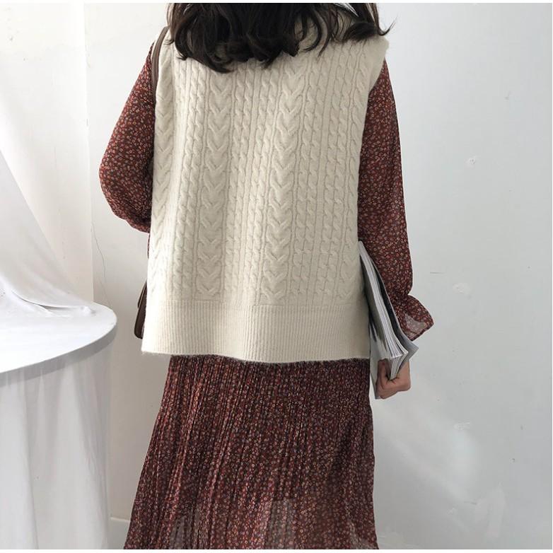Gile Len | Áo Gile Len Dệt Kim Cổ V Dáng Rộng Ulzzang Kiểu Dáng Trẻ Trung, Hàng Quảng Châu