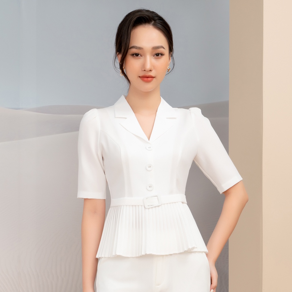 Áo Ký Giả Peplum Dập Ly UK Fashion Thiết Kế Tay Ngắn Bo Eo Điệu, Chất Liệu Nhập Hàn Mềm Mịn NKFSM2110001