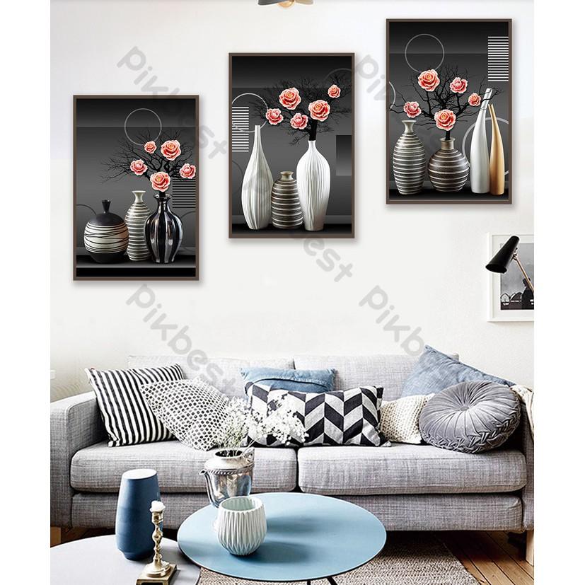 Combo 3 tranh dán tường 3d, bình hoa tĩnh lặng trang trí phòng khách phòng ngủ hiện đại MS942396