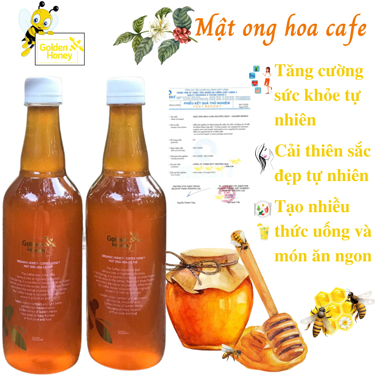 Mật Ong Nguyên Chất Hoa Cà Phê Golden Honey- Tốt Cho Sức Khỏe Tăng Hệ Miễn Dịch, Hỗ Trợ Giảm Ho Dứt Điểm, Giảm Nguy Cơ Bệnh Tim Mạch, Hỗ Trợ Giảm Mụn Trứng Cá, Sáng Đẹp Da Và Môi, Chế Biến Nhiều Thức Uống Và Món Ăn Ngon Bổ Dưỡng - 2 Chai x 500ml