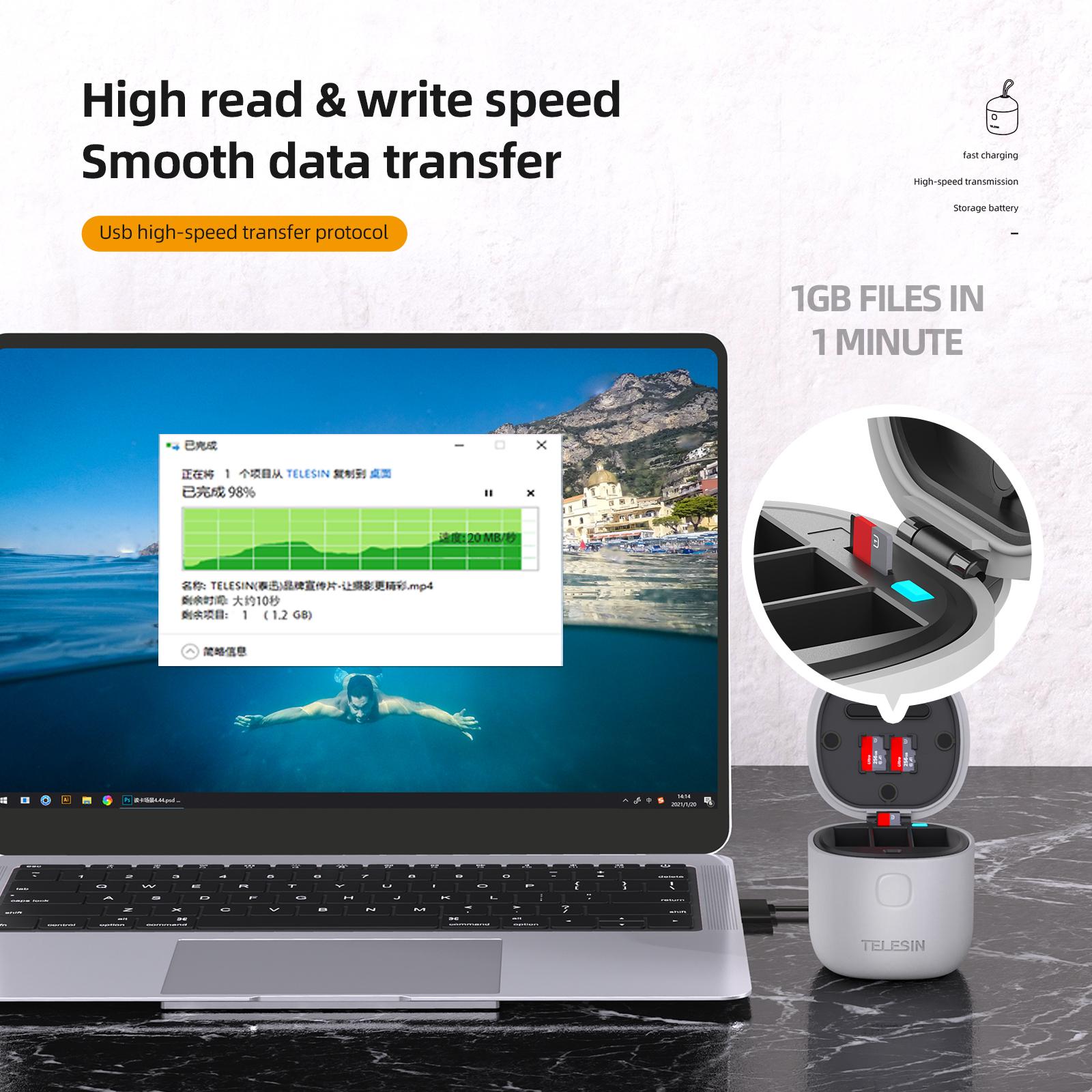 Pin telesin cho GoPro Hero 9 10 11 1750mah Pin 3 Hộp sạc không thấm nước với đầu đọc thẻ TF cho GoPro Hero 9 10 11