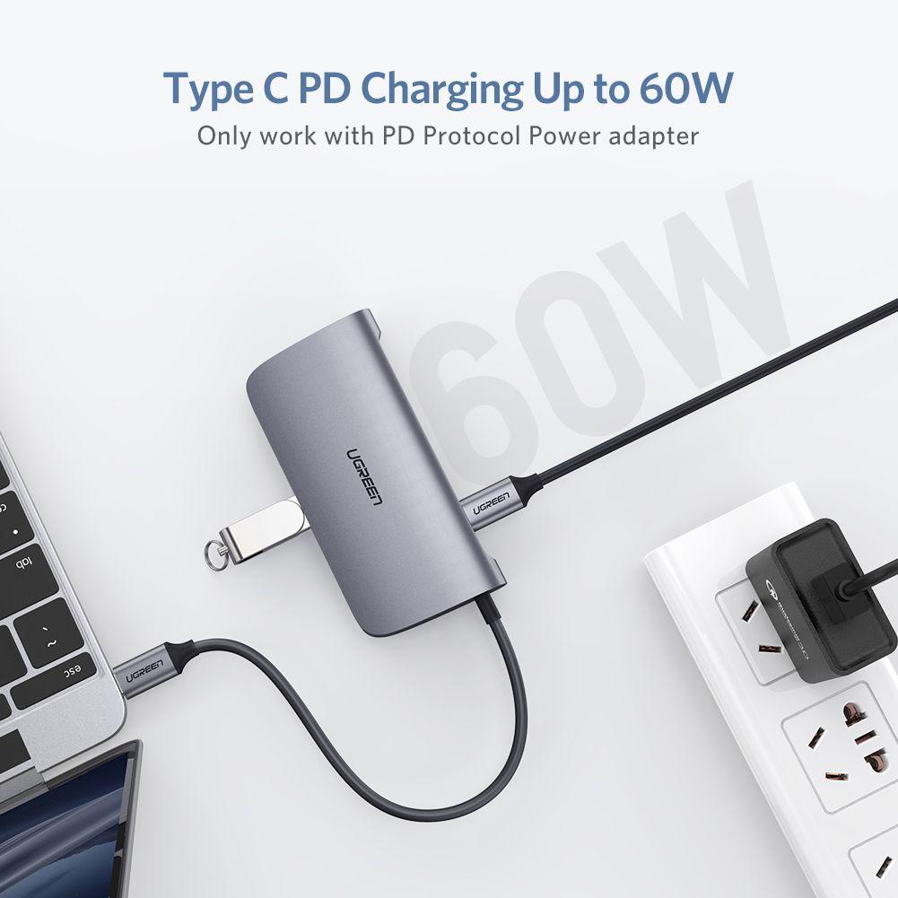 Ugreen UG50771CM212TK Bộ chuyển đổi TYPE C sang 2 USB 3.0 + HDMI + LAN + hỗ trợ nguồn TYPE C - HÀNG CHÍNH HÃNG