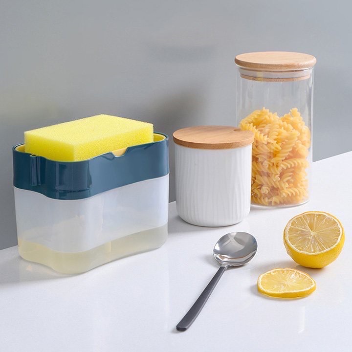 Hộp đựng nước rửa chén kèm khay đựng miếng bọt biển, hộp ấn lấy nước rửa chén tiện lợi