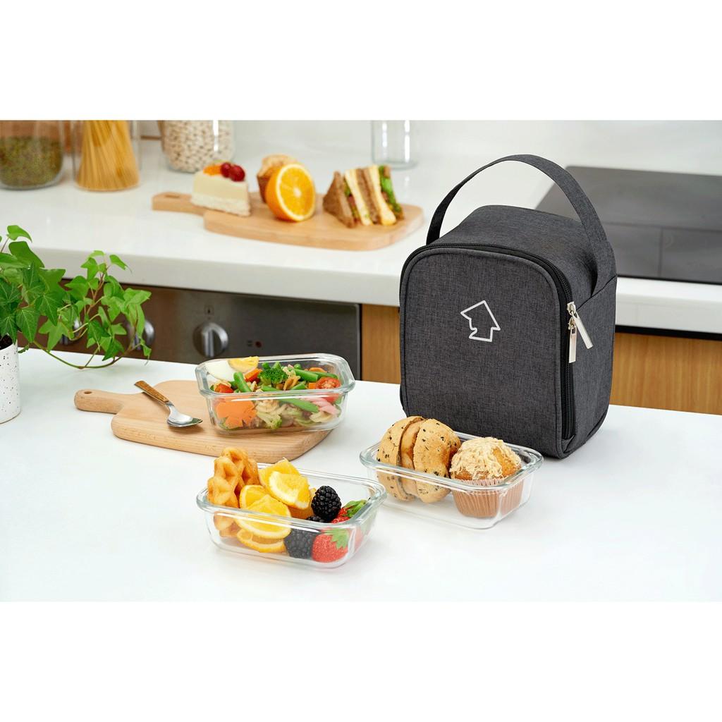 Bộ 3 hộp đựng cơm thủy tinh COBA'COOK chịu nhiệt 3 hộp chữ nhật 370ml và 1 túi giữ nhiệt - CCL33BS-1