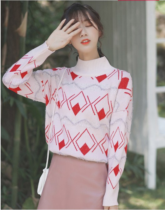 Hình ảnh Áo len nữ phom rộng họa tiết đỏ phối kim tuyến dễ thương - DL30264 - Hàng Quảng Châu cao cấp