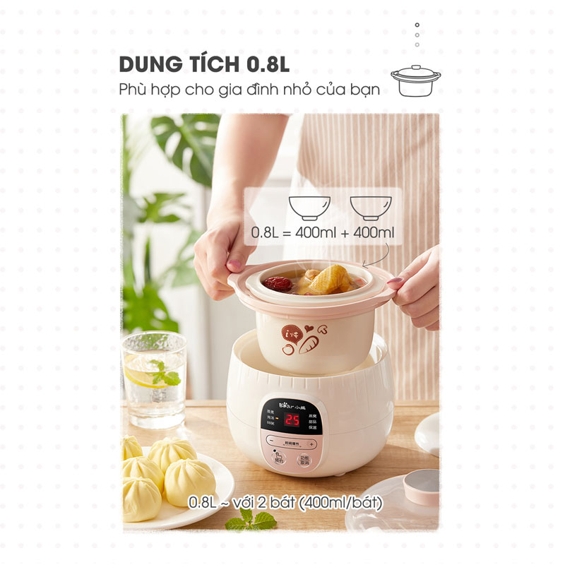 Nồi ninh , hấp, nấu cháo, nấu đồ ăn dặm cho bé 4in1 0,8L - Chính hãng Bear DDZ-B08C1