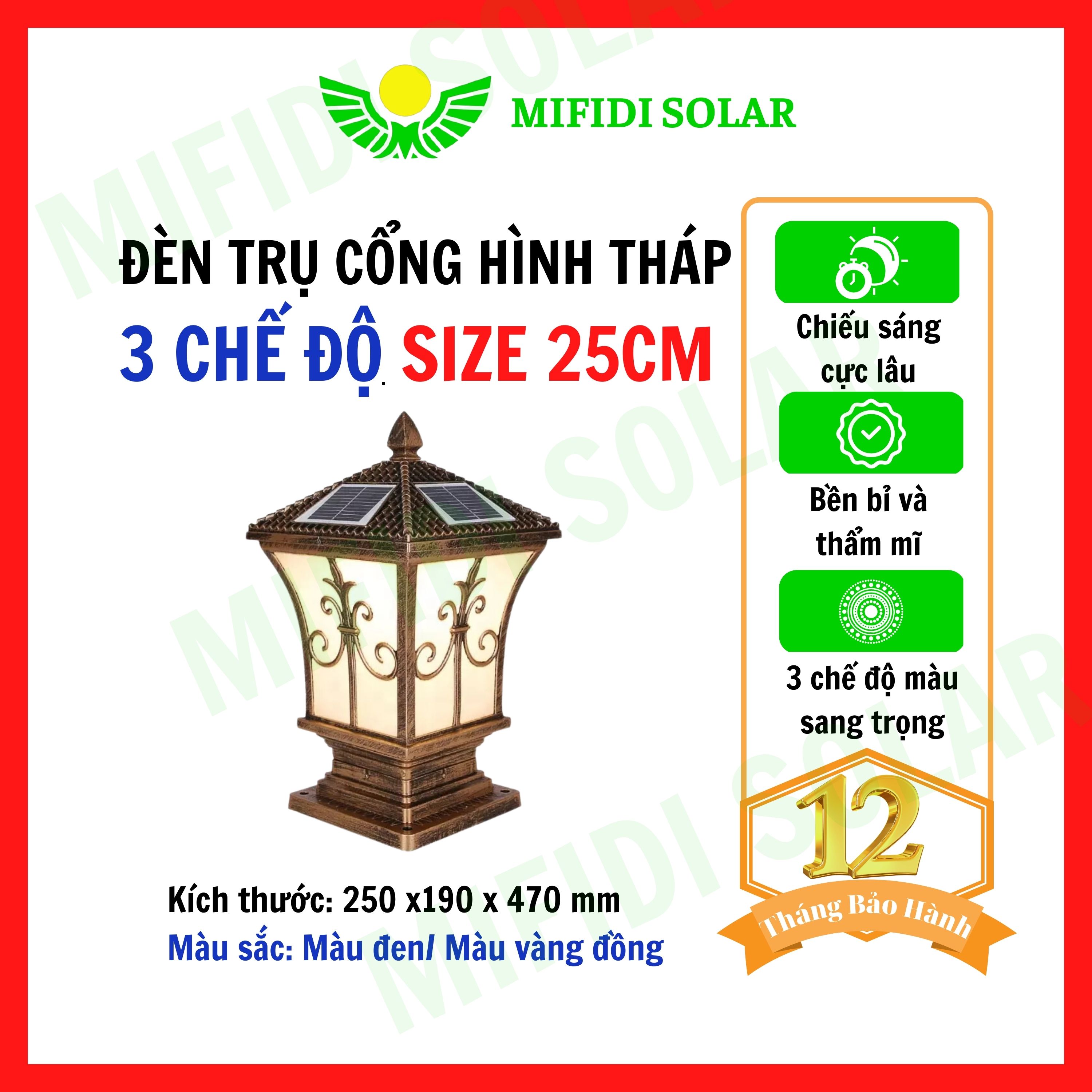 Đèn Năng Lượng Mặt Trời MIFIDI | Đèn Trụ Cổng Hình Tháp size 25cm 3 chế độ màu TC25-T