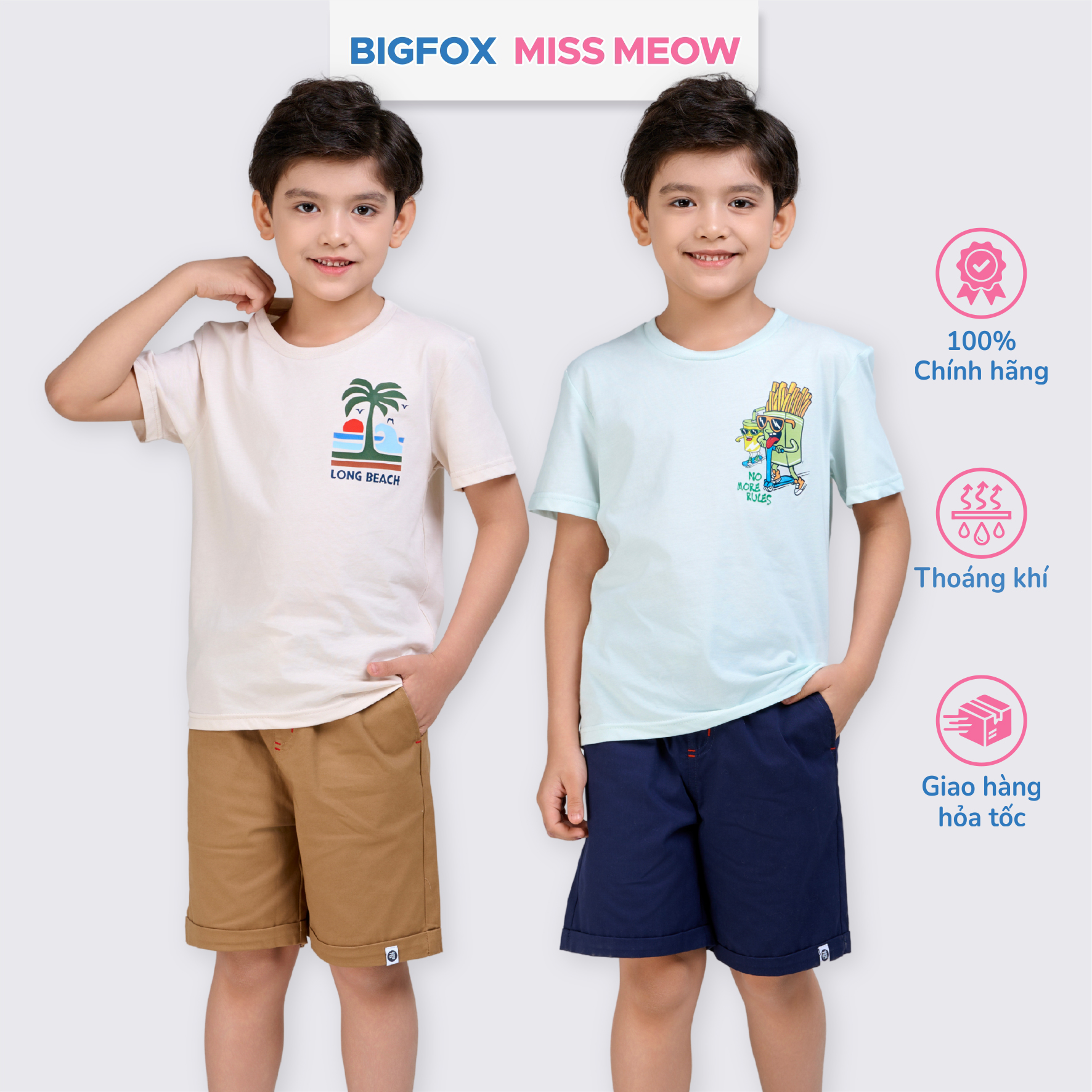 Áo bé trai Bigfox Miss Meow mùa hè chất cotton size đại cộc tay in đẹp cỡ 3,7,9,11 tuổi 30kg 40kg