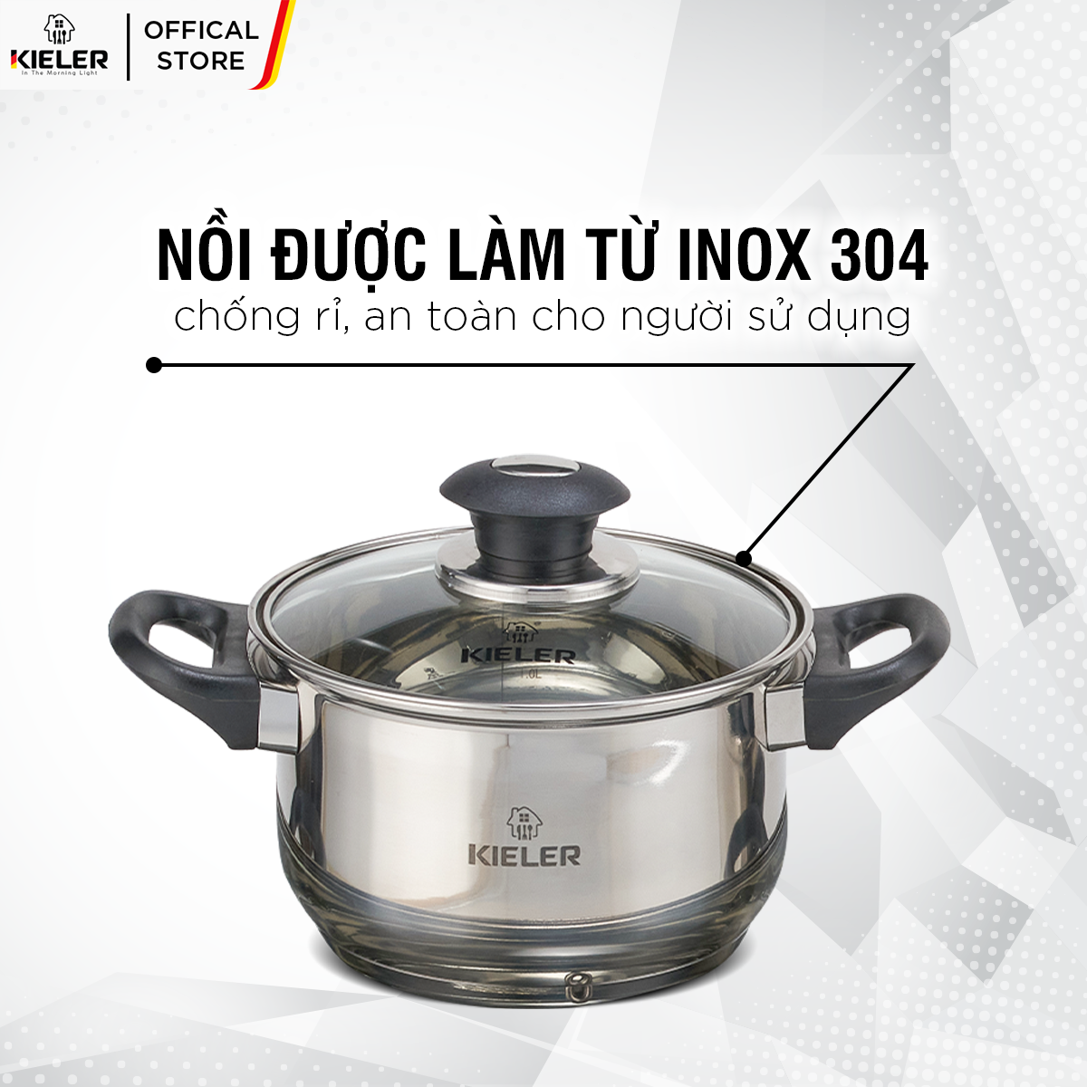 Nồi Inox 5 đáy KIELER đáy từ 16cm nấu nhanh, tiết kiệm điện, có 2 lớp chống dính Whitford ít bám dầu mỡ RW1222-16