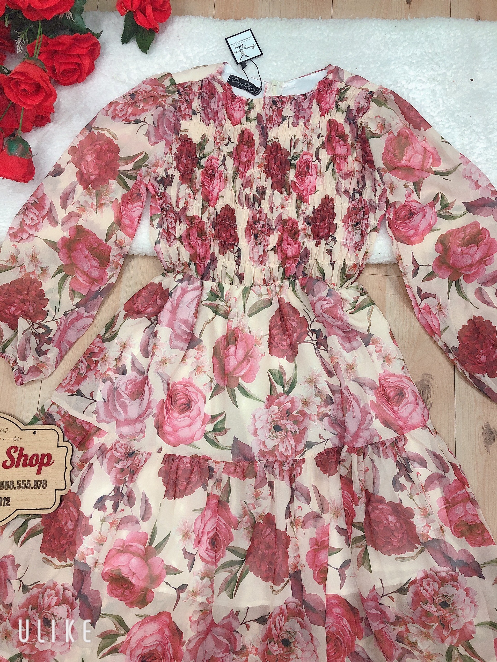Đầm Maxi Hoa Xoè Xinh Xắn Hàng Thiết Kế Tay Dài Bo Phồng Tay
