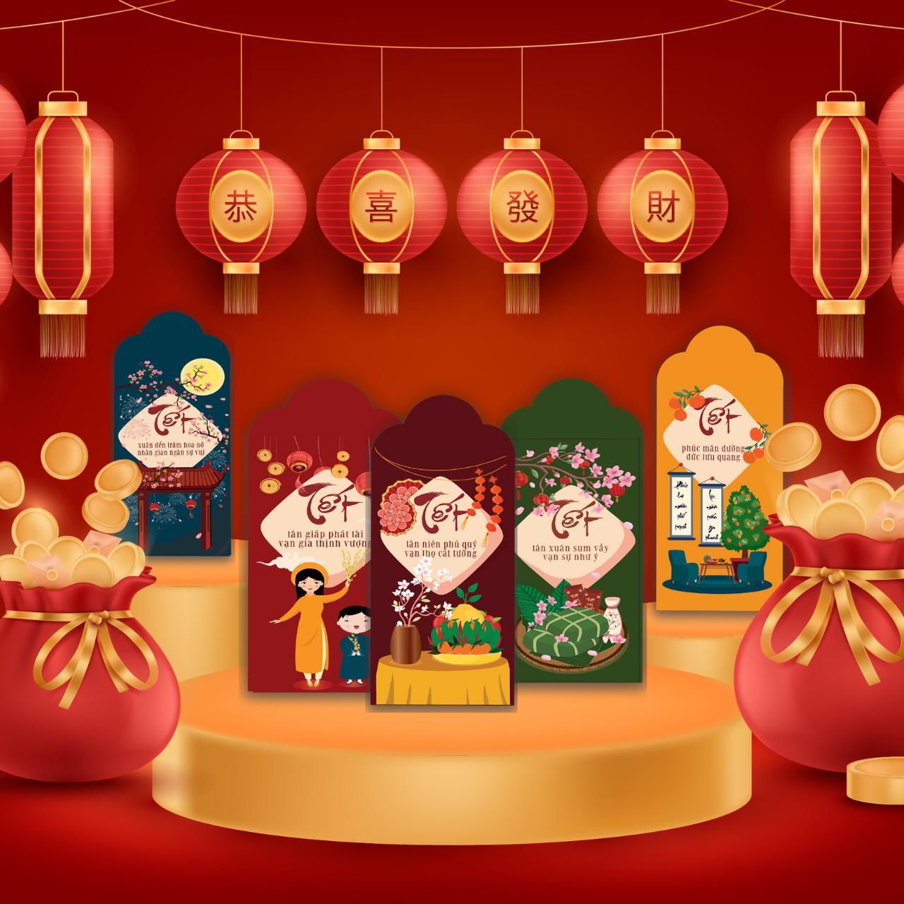 Combo 5 Bao Lì Xì tết Phong Cách Cổ Truyền Giấy Cứng C150 Siêu Dày Dặn