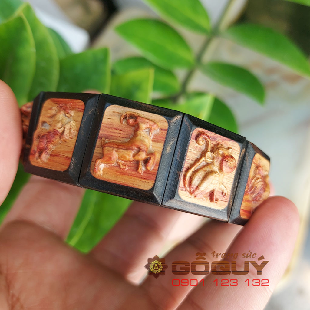 Vòng tay phong thủy 12 con giáp gỗ mun ghép gỗ sưa