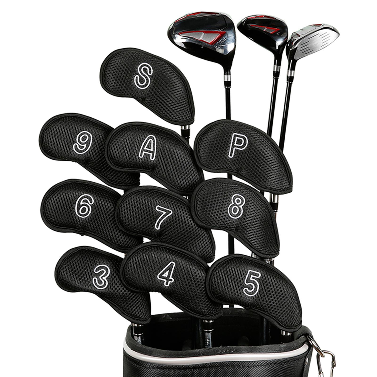 10Pcs/Pack Meshy Golf Iron Head Covers Fit Most Irons Embroidered Black