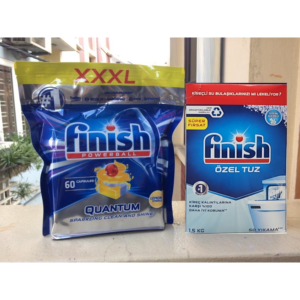 Combo Viên rửa bát Finish quantum 60 viên viên+ muối rửa bát Finish 1,5kg làm sạch sâu tốt hơn