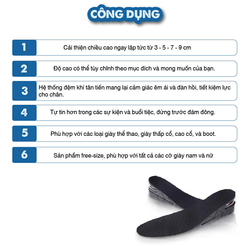 Lót giày tăng chiều cao tăng 5cm chất liệu Đệm Khí êm chân, thoáng khí Nguyên Bàn - Đen
