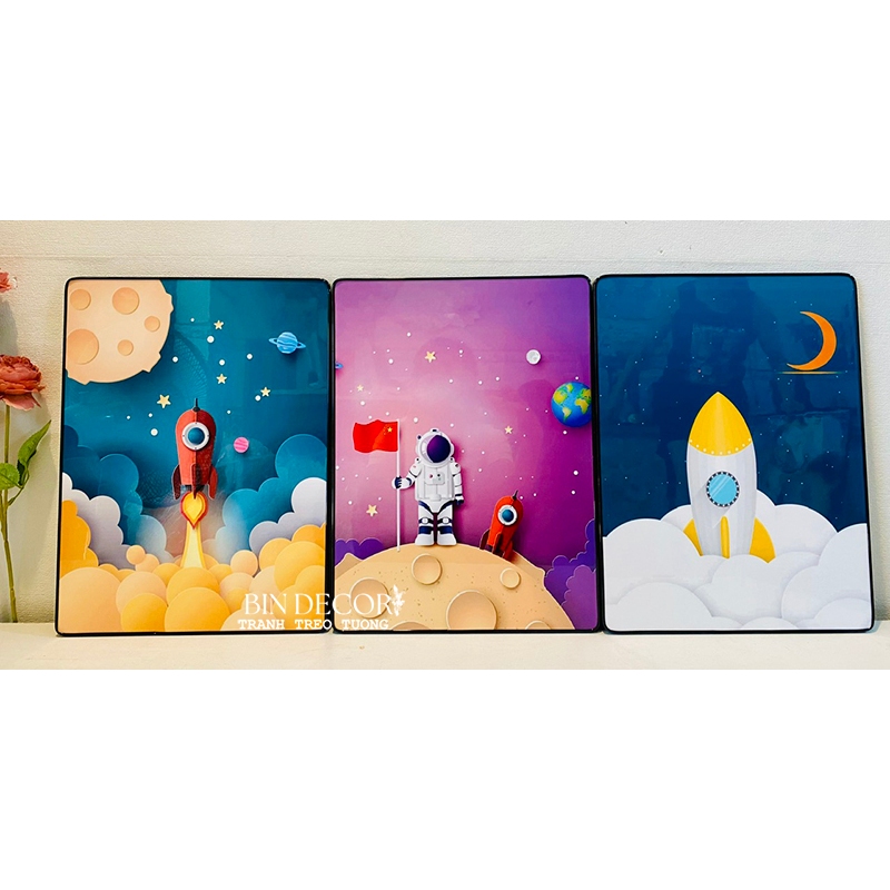 (ẢNH THẬT) Tranh treo tường phi hành gia bộ 3 tấm trang trí decor phòng bé trai