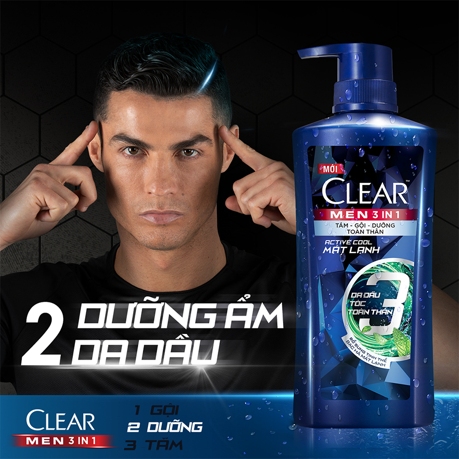 Dầu Tắm Gội Clear Men 3 Trong 1 - Active Cool Mát Lạnh (630g)