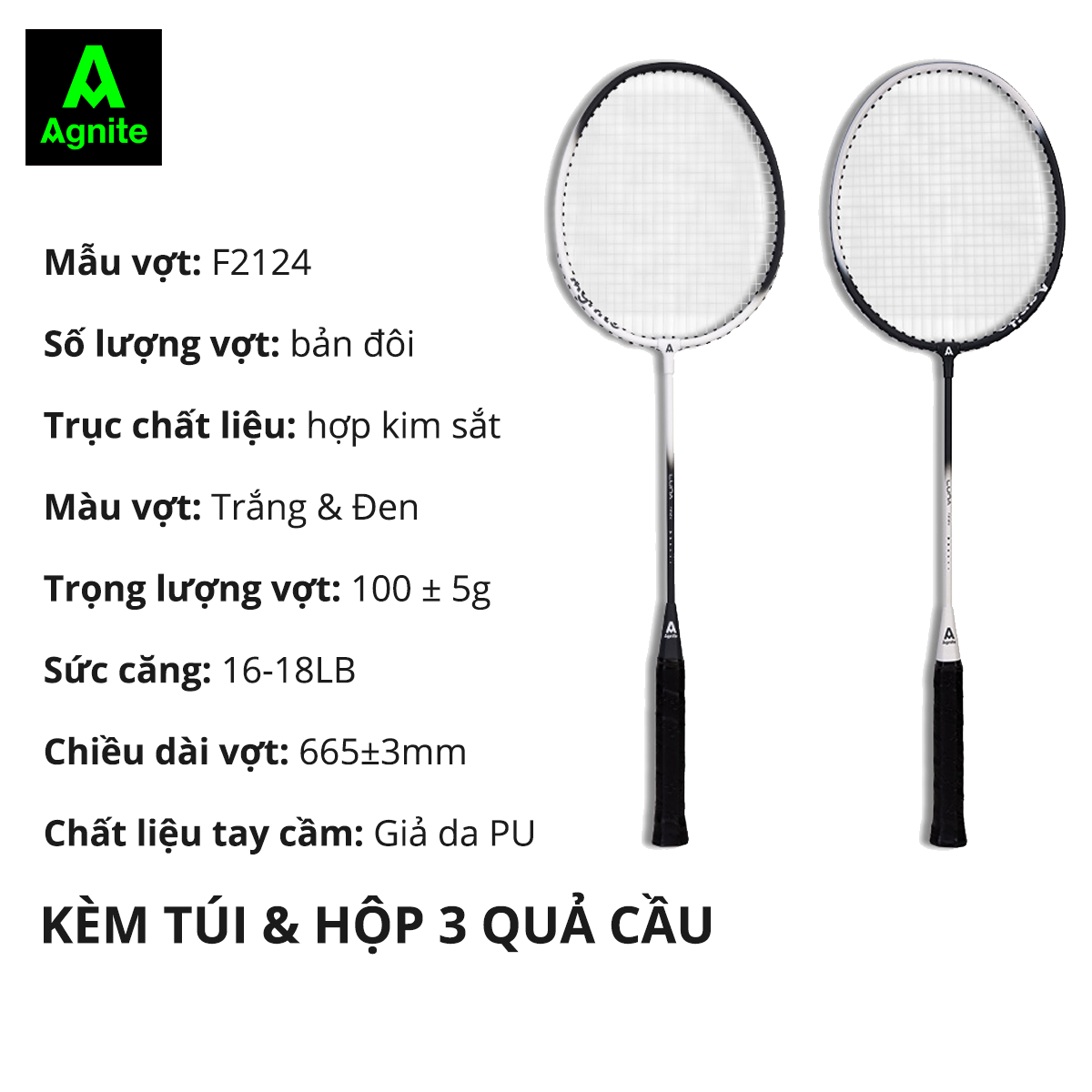 Bộ 2 vợt cầu lông thế hệ mới Agnite, siêu bền, nhẹ TẶNG kèm hộp cầu và túi đựng - F2124