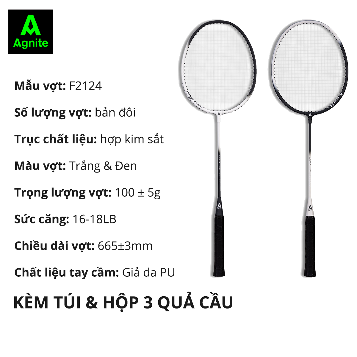 [Thiết kế mới] Bộ 2 vợt cầu lông thế hệ mới Agnite, siêu bền, nhẹ TẶNG kèm hộp cầu và túi đựng - F2124