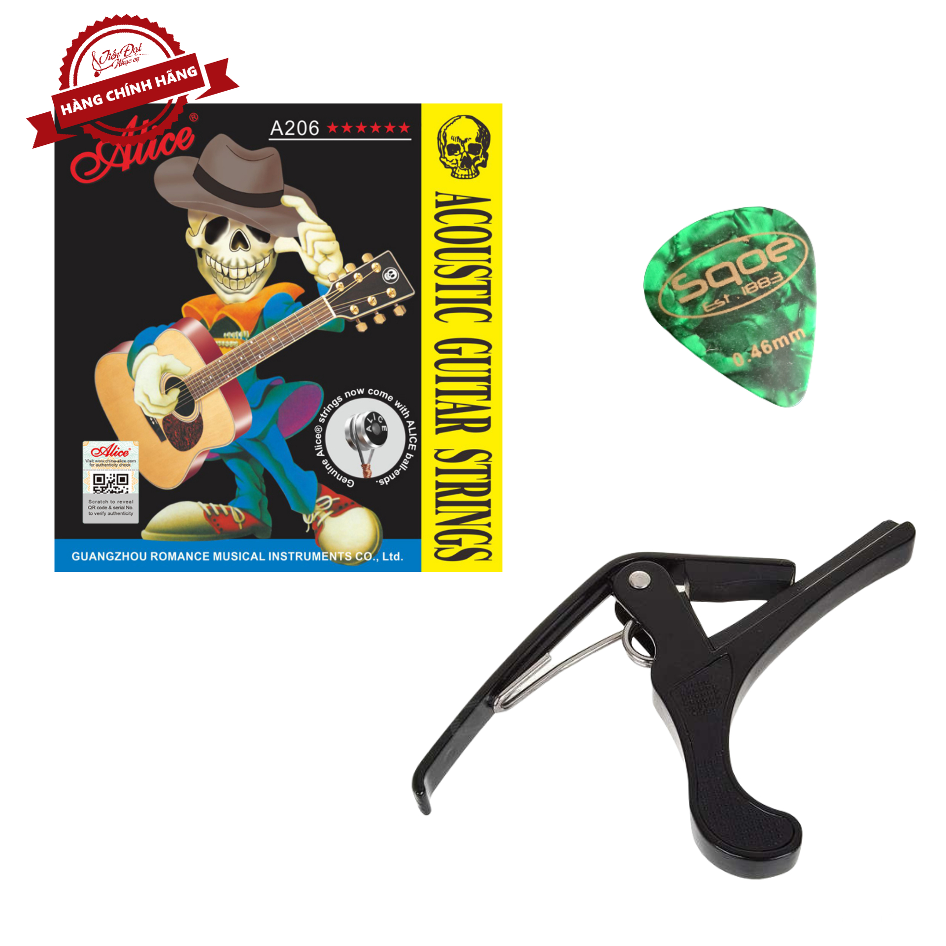 Combo Bộ Dây Đàn Guitar Acoustic Alice A206 + Capo Guitar + Pick  - Hàng Chính Hãng