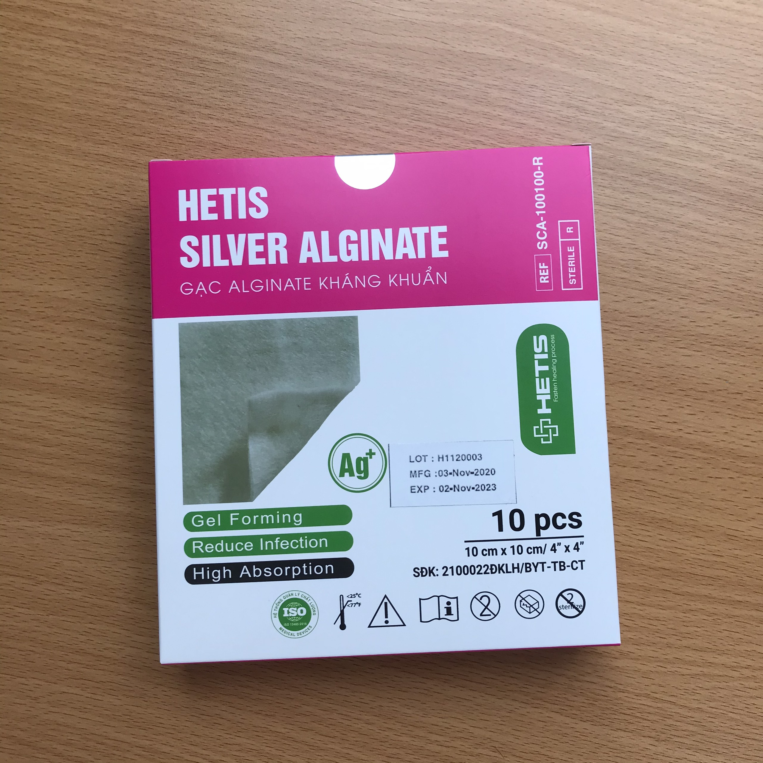 Gạc chăm sóc vết thương Alginate tẩm bạc kháng khuẩn HETIS SILVER ALGINATE - Dùng cho vết thương có nguy cơ nhiễm trùng